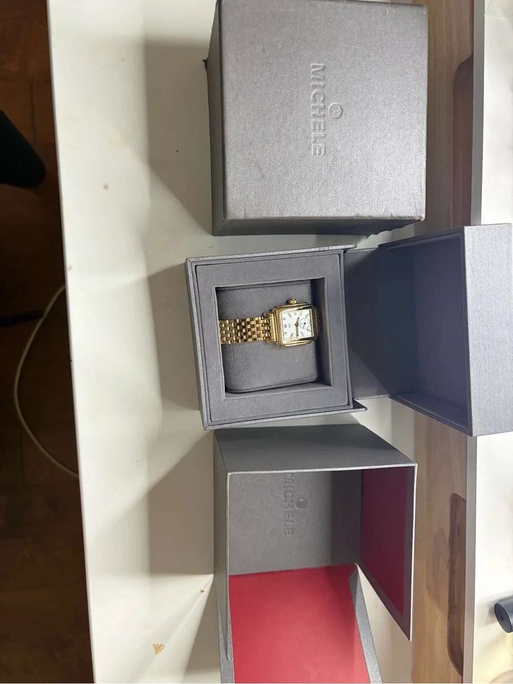 Michele 18k plated Gold Women's Bracelet Watch with white Dial and Diamonds